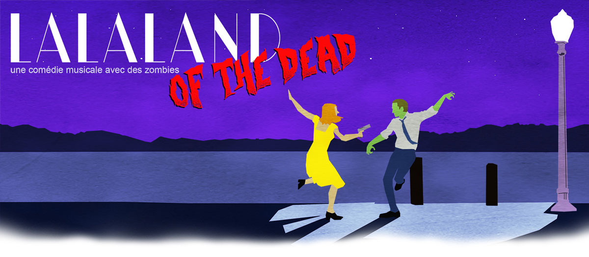 Illustration du jeu de rôle Lalaland of the Dead : une comédie musicale avec des zombies, créée par Guillaume Jentey. Deux personnages dansent sous un lampadaire.